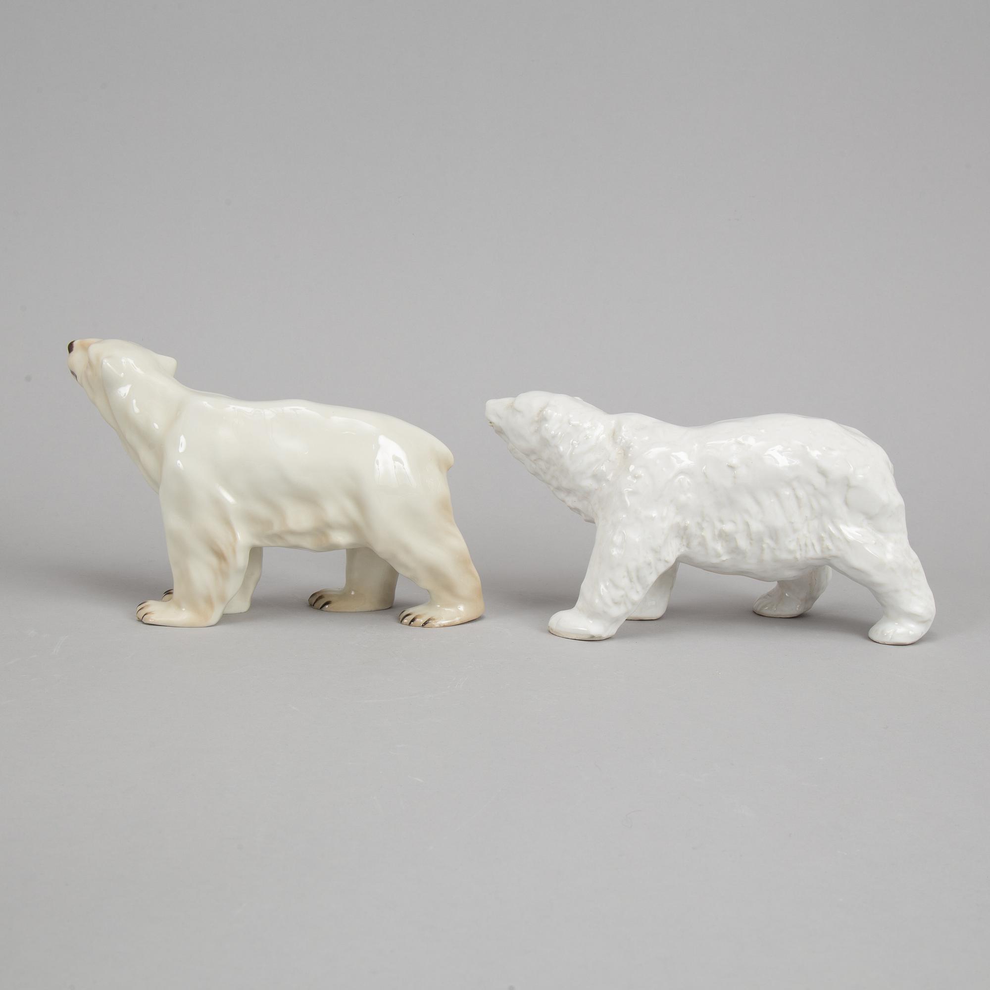 Three ceramic polar bears, Rörstrand, Jie Gantofta and Syco, Sweden.