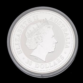 SILVERMYNT, 2004 1 kg Kookaburra-mynt, tillverkare Perth Mint, Australia, silverhalt 999.