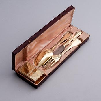 A set of five pieces gilt-silver travel cutlery, mark of Johan Abraham Hallard, Stockholm 1794.