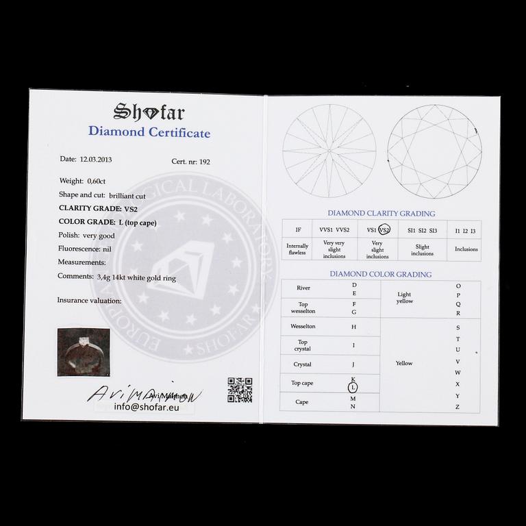 RING, 14k vitguld, med briljantslipad diamant ca0,60ct. Certifikat medföljer. 2000-tal. Vikt ca3,4g.