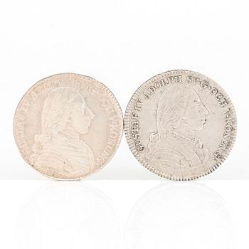 SILVERMYNT, 2 st, 1/6 Riksdaler, Gustav IV Adolf, Sverige 1807 resp 1808. Vikt tot ca 12 gram.