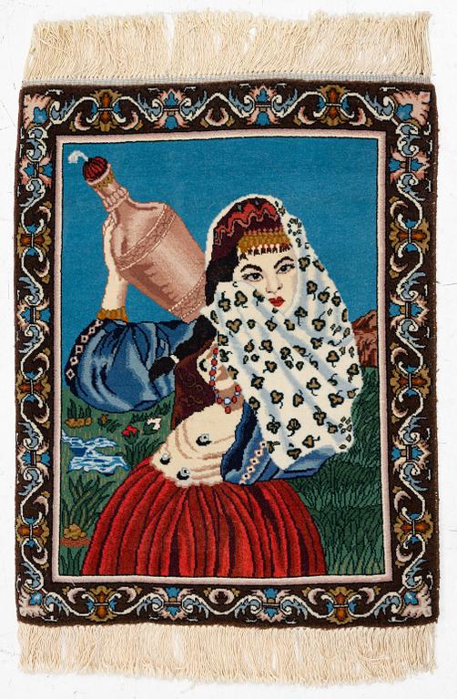 An oriental, figural rug, c. 64 x 50 cm.