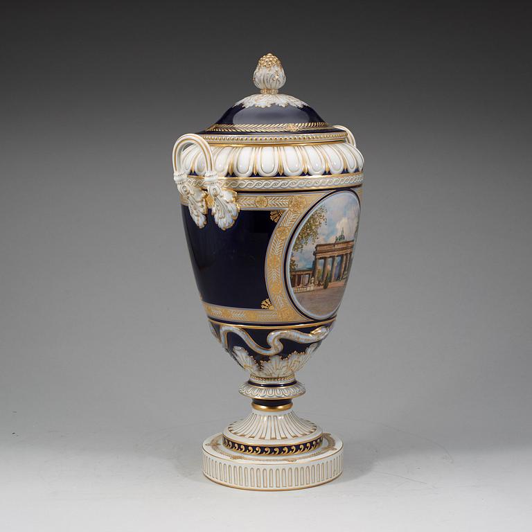 A large Berlin vase with cover, 19th Century.