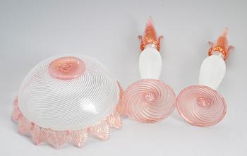 SKÅL SAMT LJUSSTAKAR, 1 par, glas, sannolikt Murano, Italien.