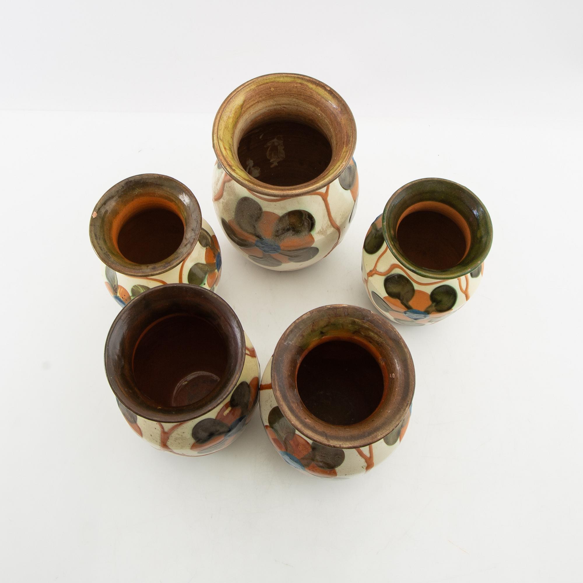 Andersson & Johansson vases 5 pcs Höganäs first half/mid 20th century glazed stoneware.