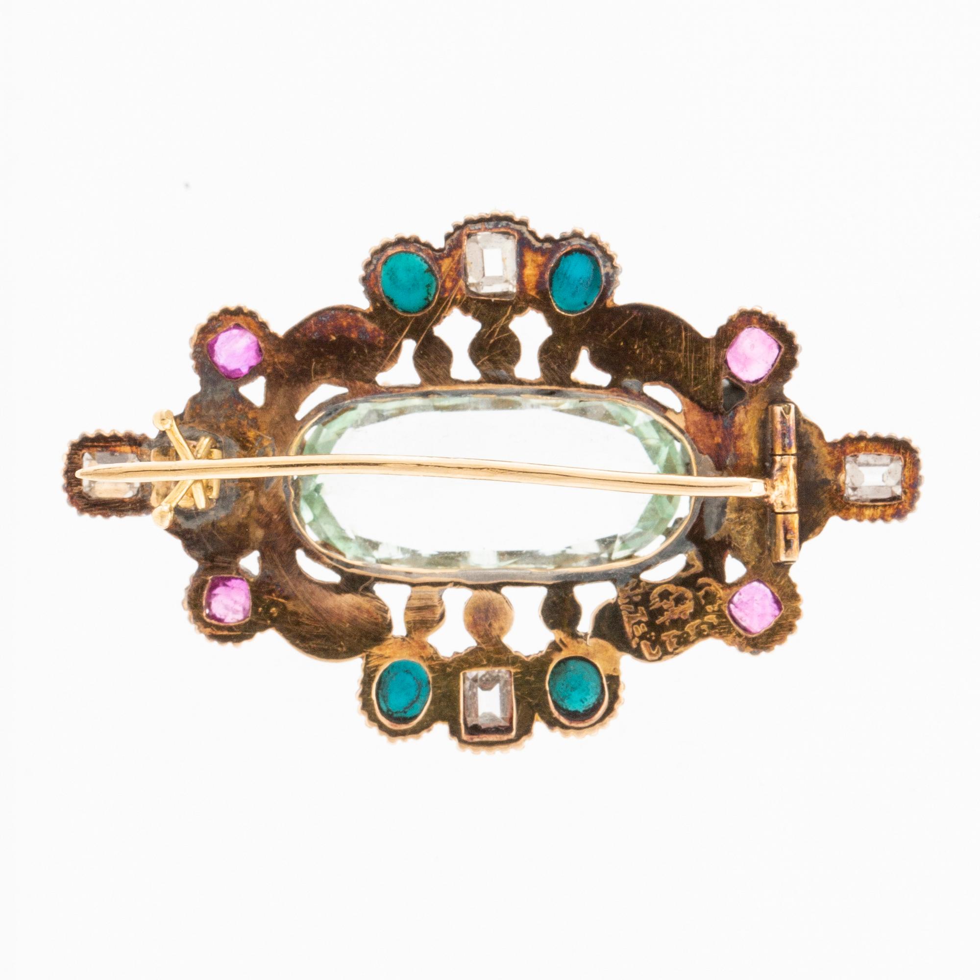 Giron & Löngren, Brosch med en akvamarin, diamanter, turkoser och rubiner, Stockholm 1832.