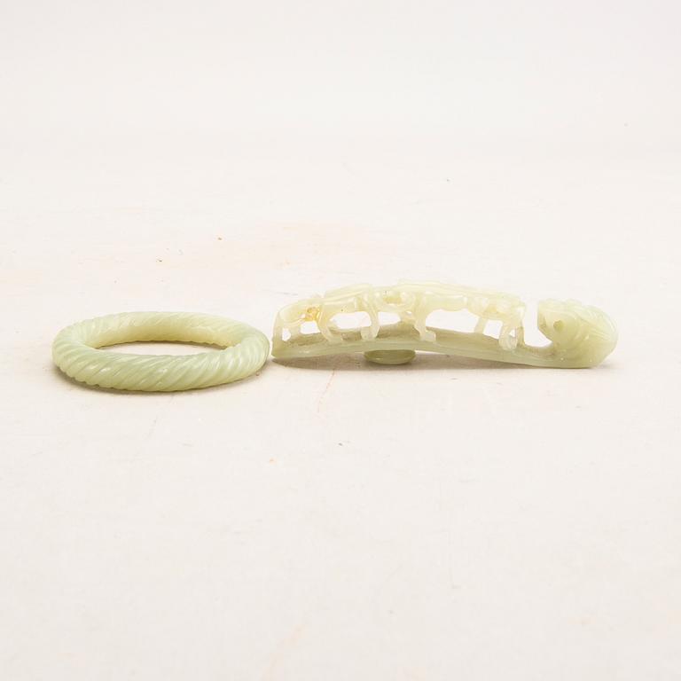 A Chinese nephrite belt hook and bangle, 20th Century.