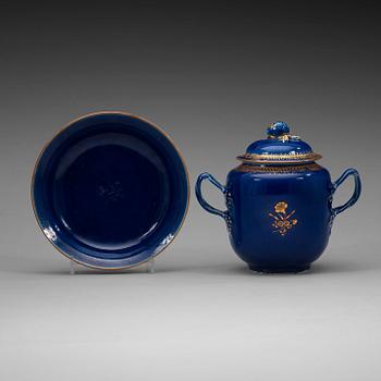 A powder blue sugerbowl with cover and dish, Qing dynasty Qianlong (1736-95).