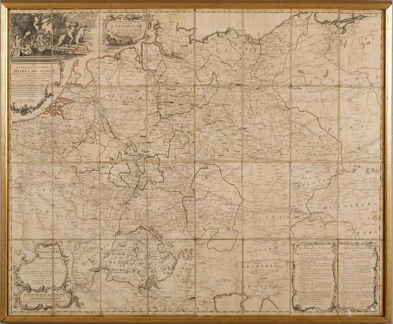 KARTA, kopparstick på duk, Postkarte durch ganze Deutschland, Nürnberg 1786.