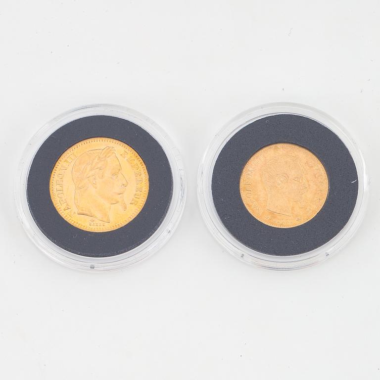 Napoleon III, France, two gold coins, 20 Franc, 1866 and 10 Francs 1859.