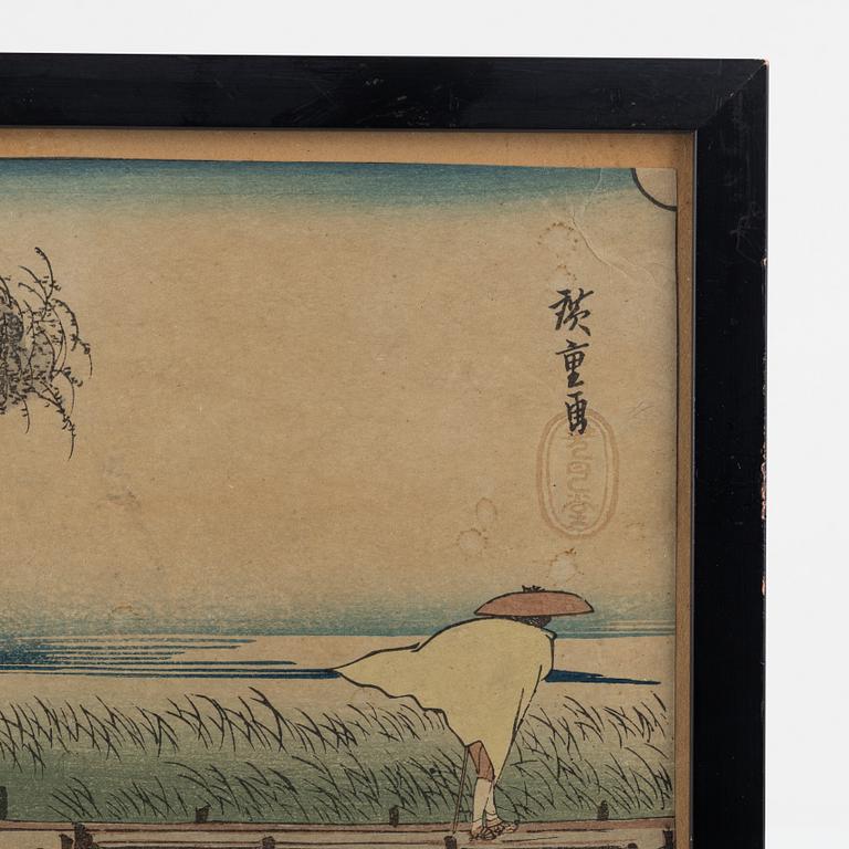 Ando Utagawa Hiroshige, efter, färgträsnitt, 3 st, Japan, tidigt 1900-tal.