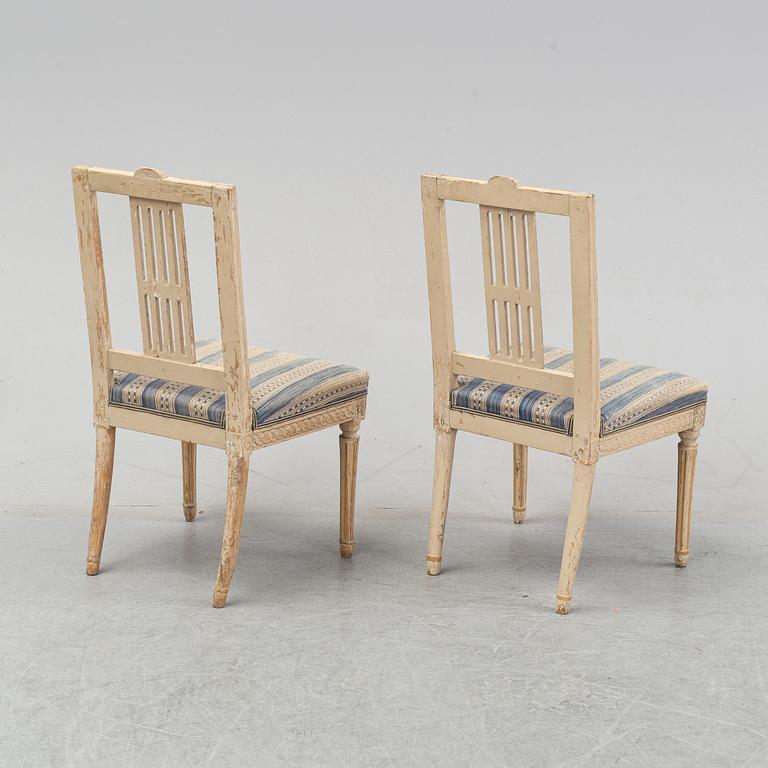 A set of six gustavian chairs made in Lindome by Johannes Andersson (1763-1840), signed IAS+, around the year 1800.