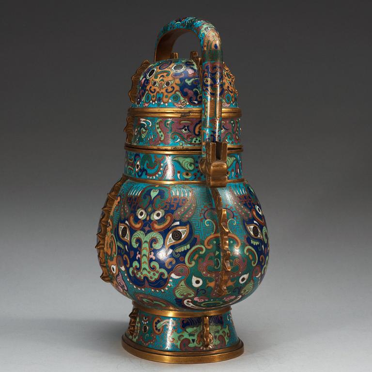 A archaistic shaped cloisonne jar with cover, Qing dynasty.