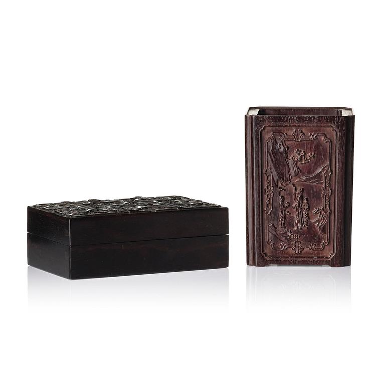 A well carved box with cover and brush pot, China, presumably Republic.
