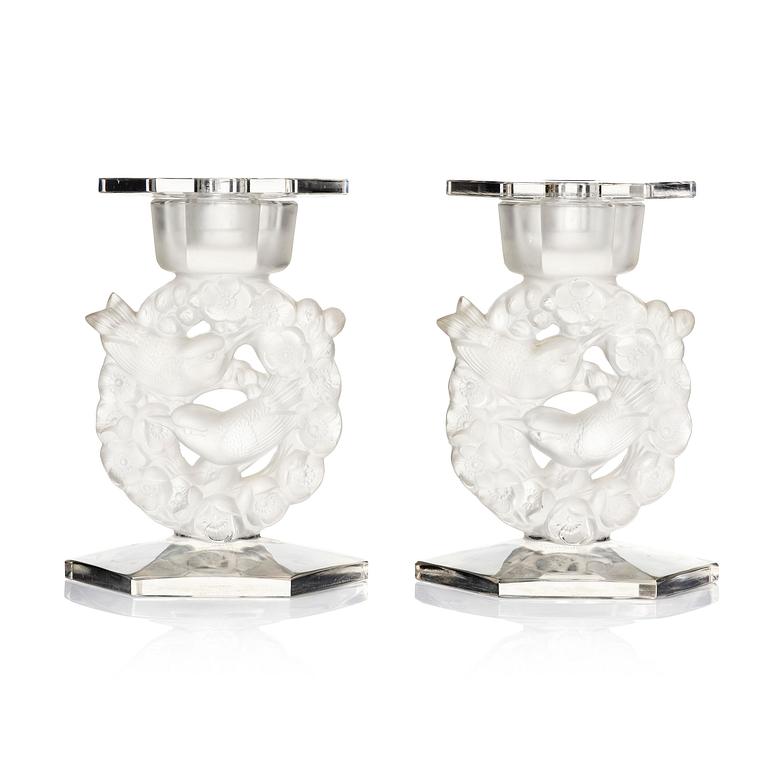 René Lalique, a pair of “Mésanges” cast glass candlesticks, France, post-1943.