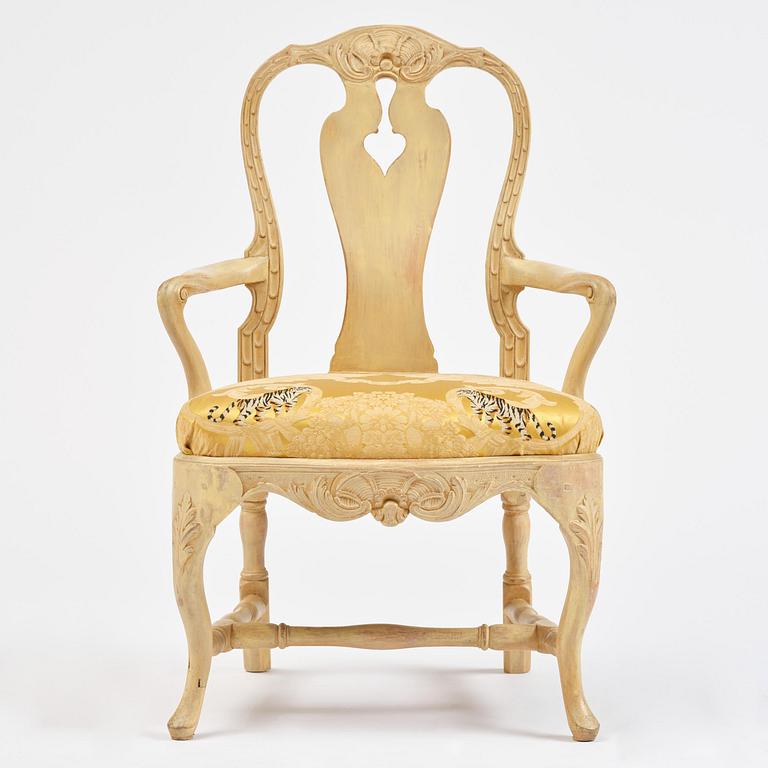 A rococo open armchair in the manner of C M Sandberg, Stockholm, later part 18th century.