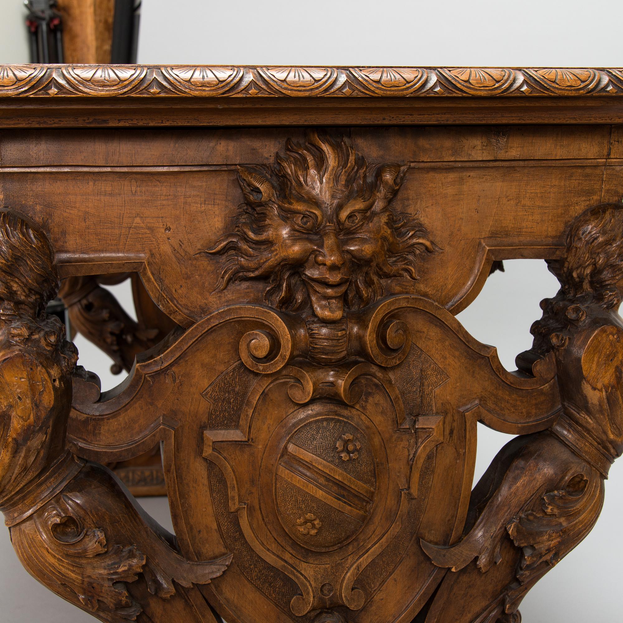 Walnut table, based on a model from Palazzo Pesaro in Venice, Purchased in 1893, Italy.