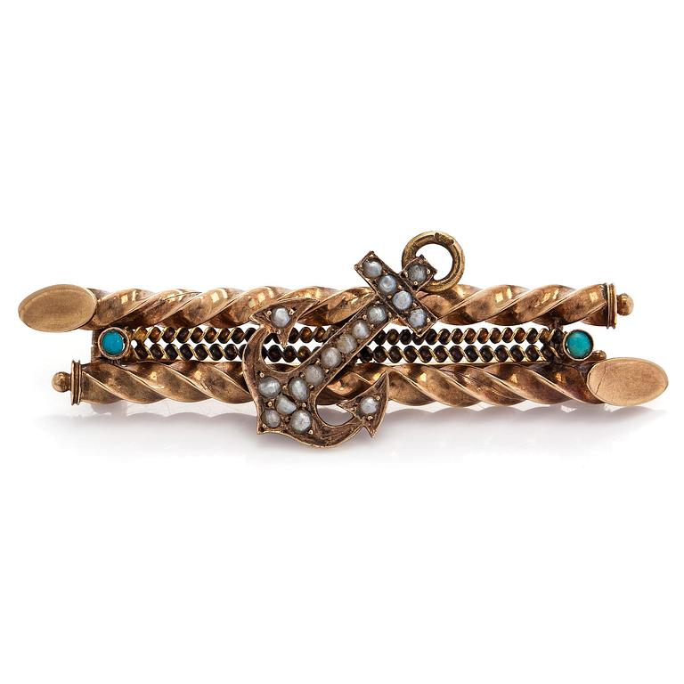 Brooch, pearls, cabochon-cut turquoises, 14K (56) gold, St. Petersburg 1908-1926.