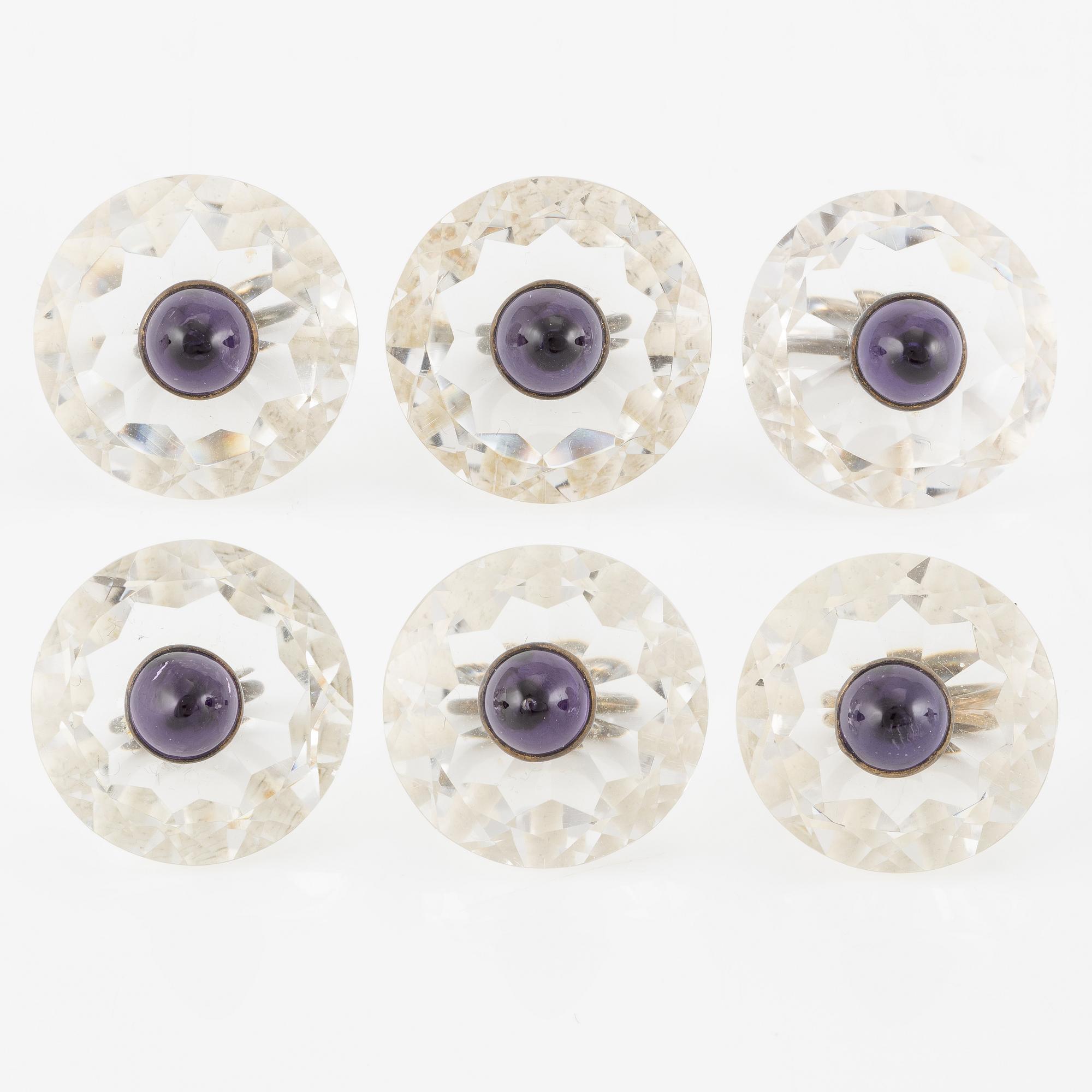 Buttons, 6 pcs, silver with faceted rock crystal and cabochon-cut amethysts.