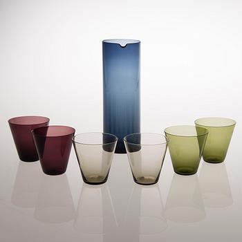 KAJ FRANCK, The '1609' glass pitcher and a set of six "Kimara" glasses, Nuutajärvi 1950s-1960s.