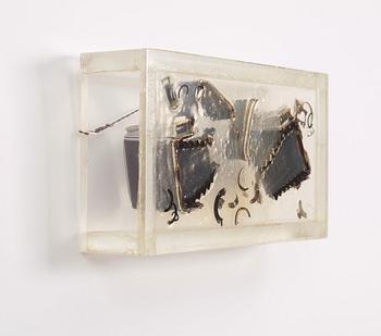 Arman, sculpture, camera parts in resin in plexiglass box, uniqe, signed Arman.