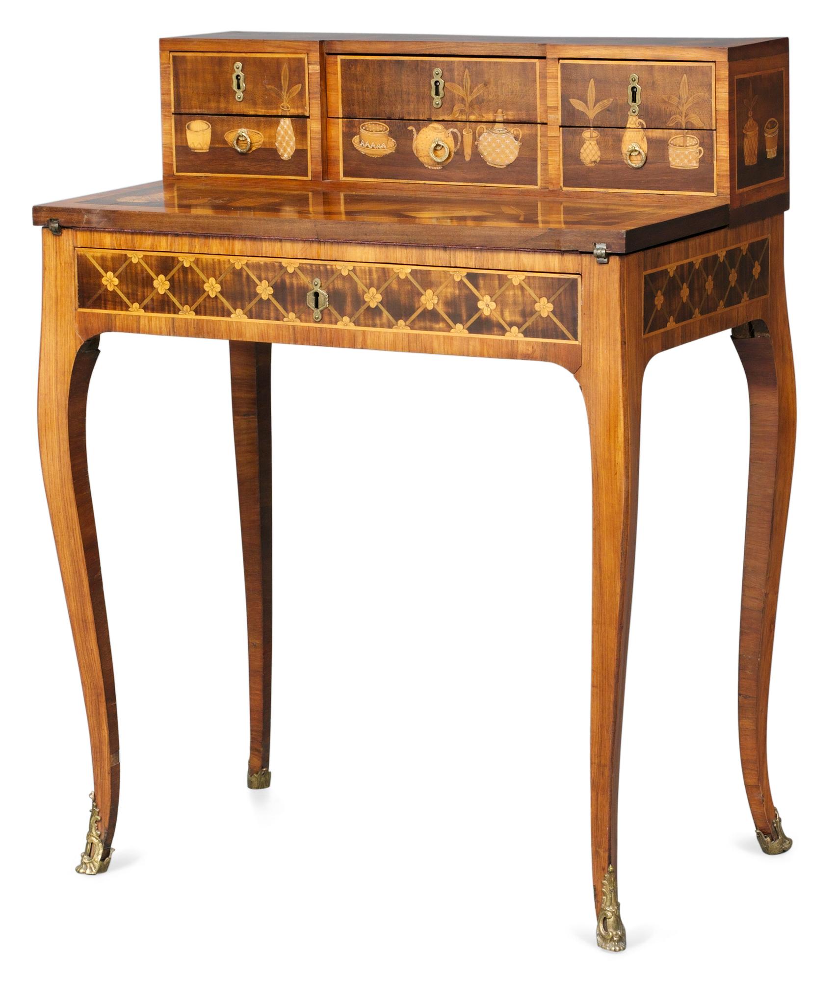 A French Transition bonheur du jour before 1771, stamped by Léonard Boudin (maître in Paris 1761). Provenance: Adolf Fredrik, King of Sweden 1751-1771. Later bought by Sofia, Queen of Sweden 1872-1907.