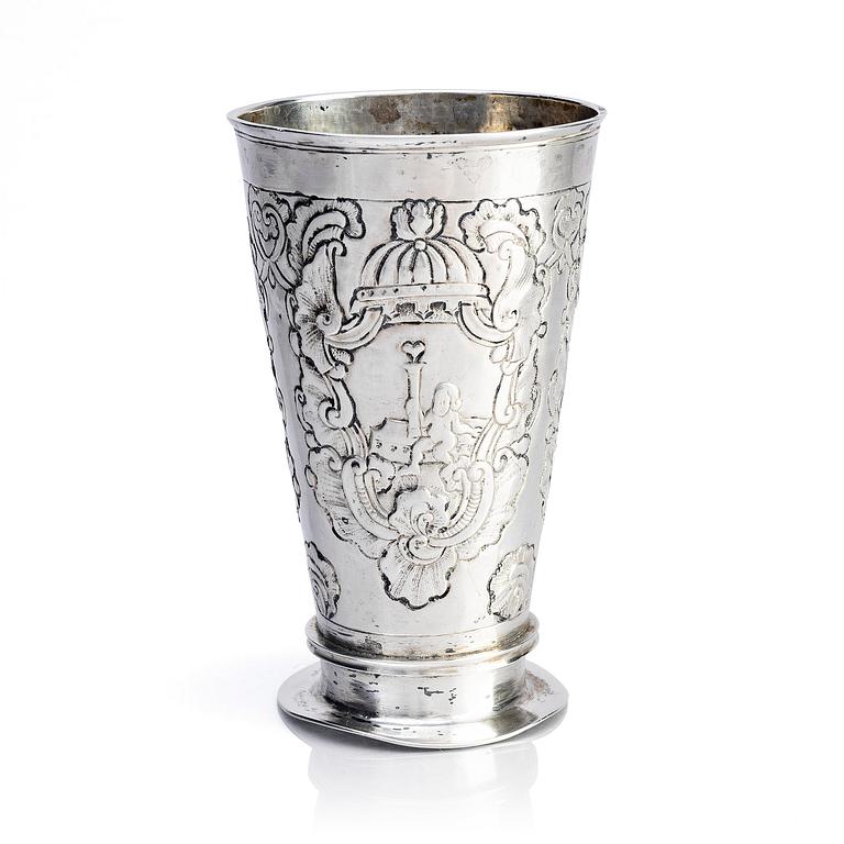 A silver beaker, assay master Ivan Shagin (active 1748-1757), unidentified maker's mark M.K, Moscow.