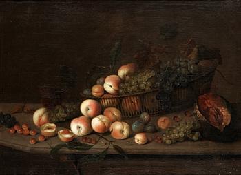 380. Michiels Simons (Simonis) Tillskriven, Stilleben med persikor, plommon, druvor och melon.