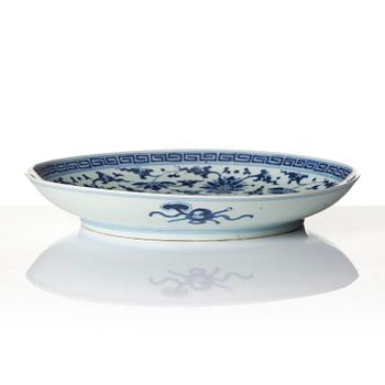 A blue and white lotus dish, Qing dynasty with a Qianlong mark and of the period (1736-95).