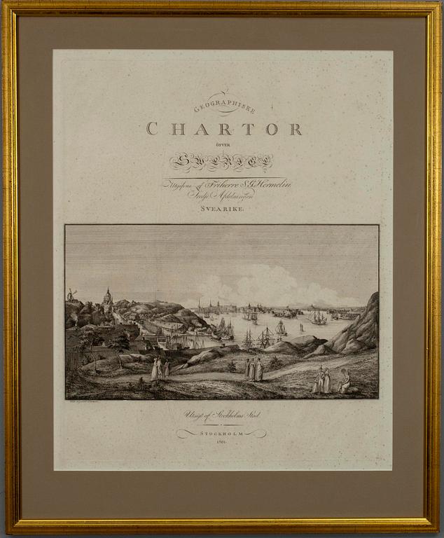 GRAVYR, J.F.Martin. Titelblad till "Chartor öfver Sverige" S.G. Hermelin, Stockholm 1801.