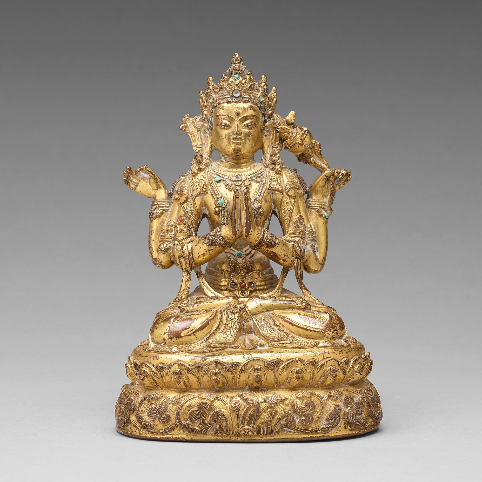 SADAKSARI AVALOKITESHVARA, förgylld kopparlegering. Tibet/Nepal, 1400-tal eller äldre.