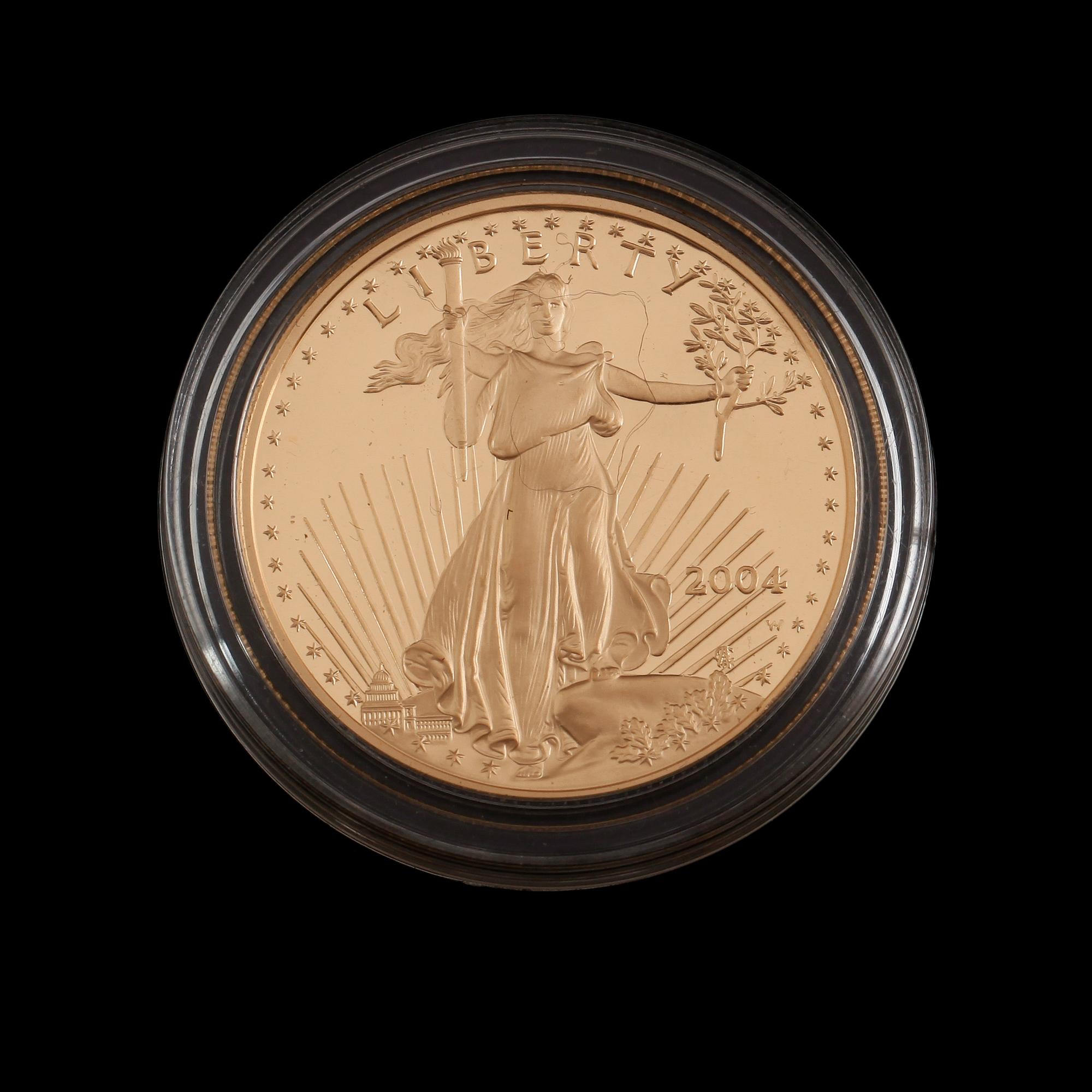 GULDMYNT, fine gold, 50 dollars, USA, Liberty, 2004. Vikt ca 34 gram.