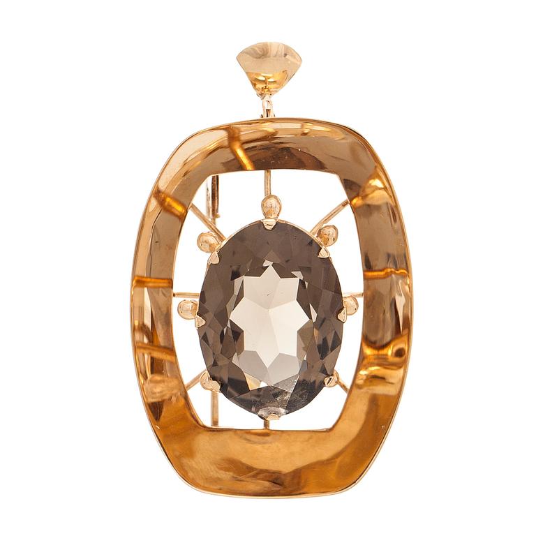 Helge Narsakka, a 14K gold pendant/brooch with a smoky quartz, Finland 1965.