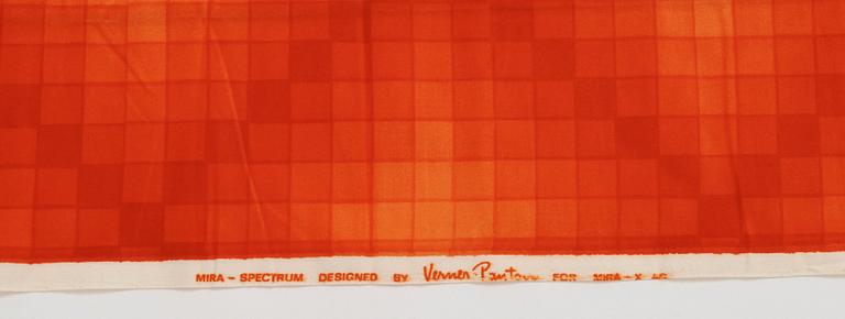 Verner Panton, CURTAINS, 2 PIECES, AND SAMPLERS, 11 PIECES.  Cotton velor. A variety of orange nuances and patterns. Verner Panton.