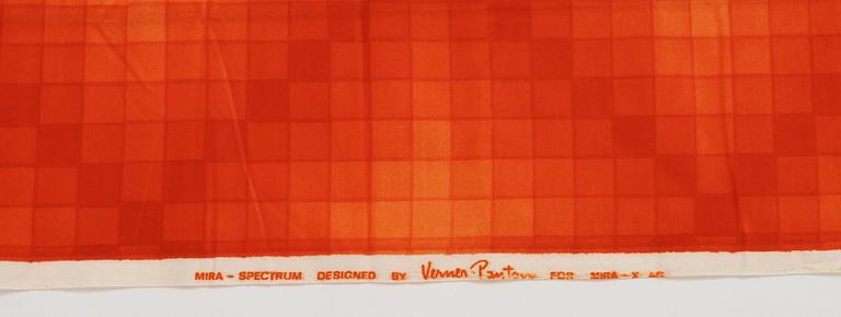 Verner Panton, CURTAINS, 2 PIECES, AND SAMPLERS, 11 PIECES.  Cotton velor. A variety of orange nuances and patterns. Verner Panton.