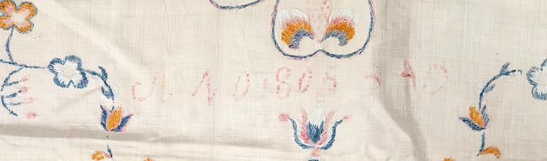 Embroidered textile dated 1805, linen, approximately 135x74 cm.