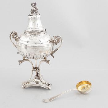 A Swedish Empire silver sugar bowl with sugar spoon, mark of Carl Lindström, Borås 1842.