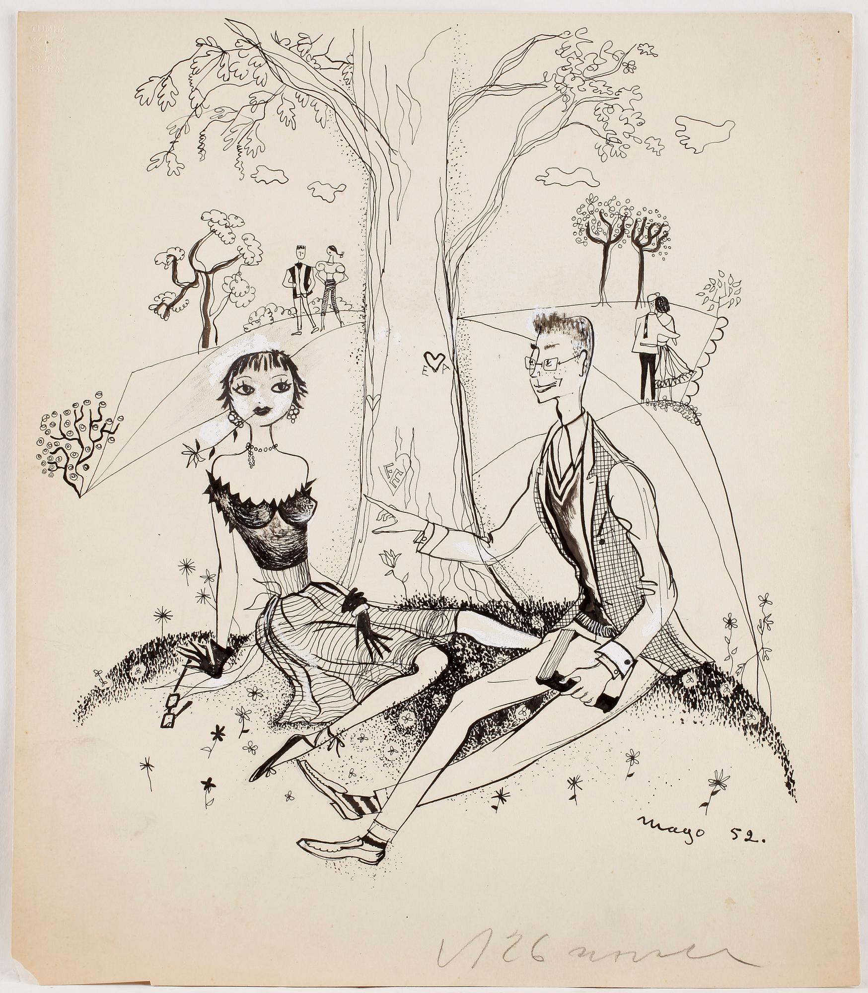 MAX GOLDSTEIN (MAGO), ca 35 st, dräktskisser, teckningar, blyertsskisser, vissa daterade o signerade, Mago 1953.