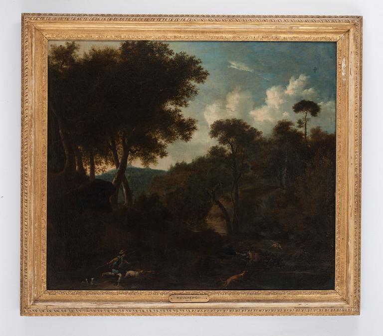 Frederic de Moucheron Attributed to, Landscape with hunters, dogs and deers.