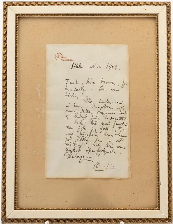 Carl Larsson, Handwritten letter of thanks, 1906.