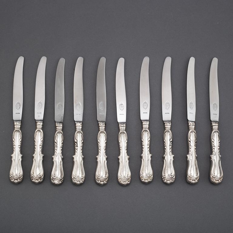 10 Swedish silver dinner knives, model Prins Albert, mark of G Möllenborg, Stockholm circa 1860.