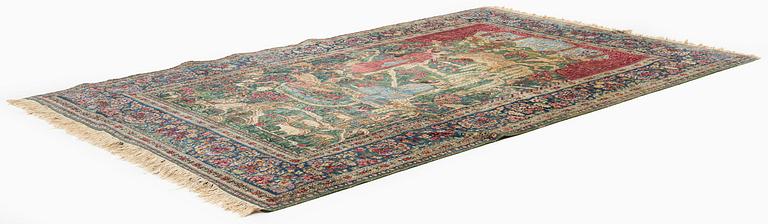 A semi-antique pictoral Kirman Lavar rug, Southeastern Persia (Iran), c. 236 x 156 cm.