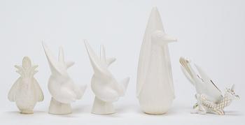 A set of five Gunnar Nylund stoneware figures of birds, Rörstrand.