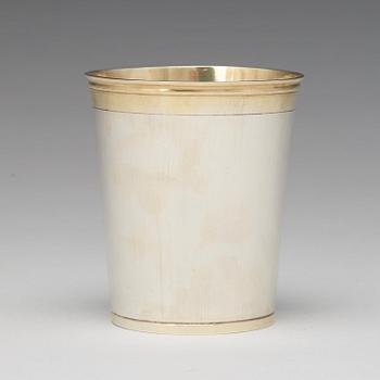 A Northern European late 17th/early 18th century parcel-gilt silver beaker, unmarked.