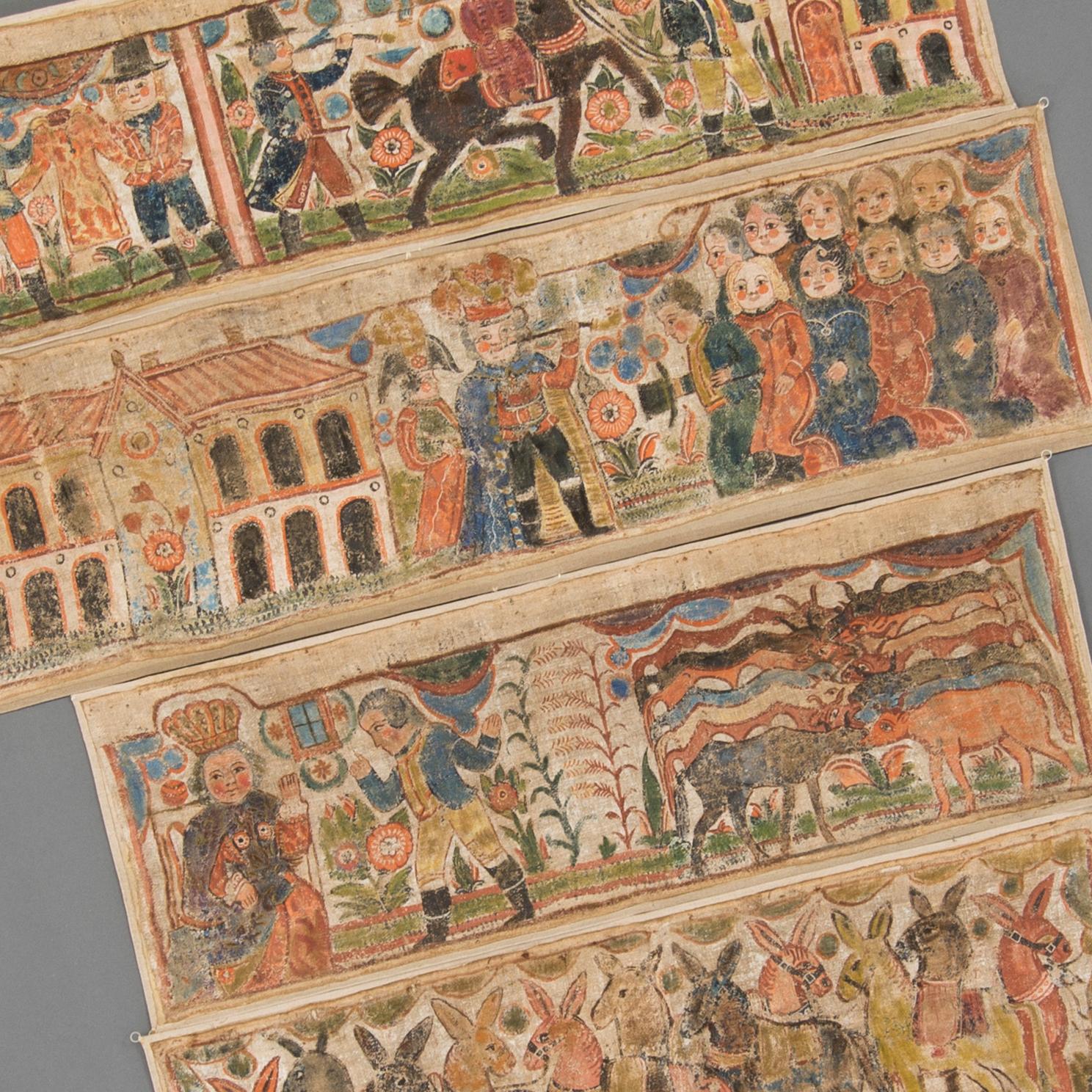 A lot of four traditional folk art wall paintings southern Sweden 19th century.