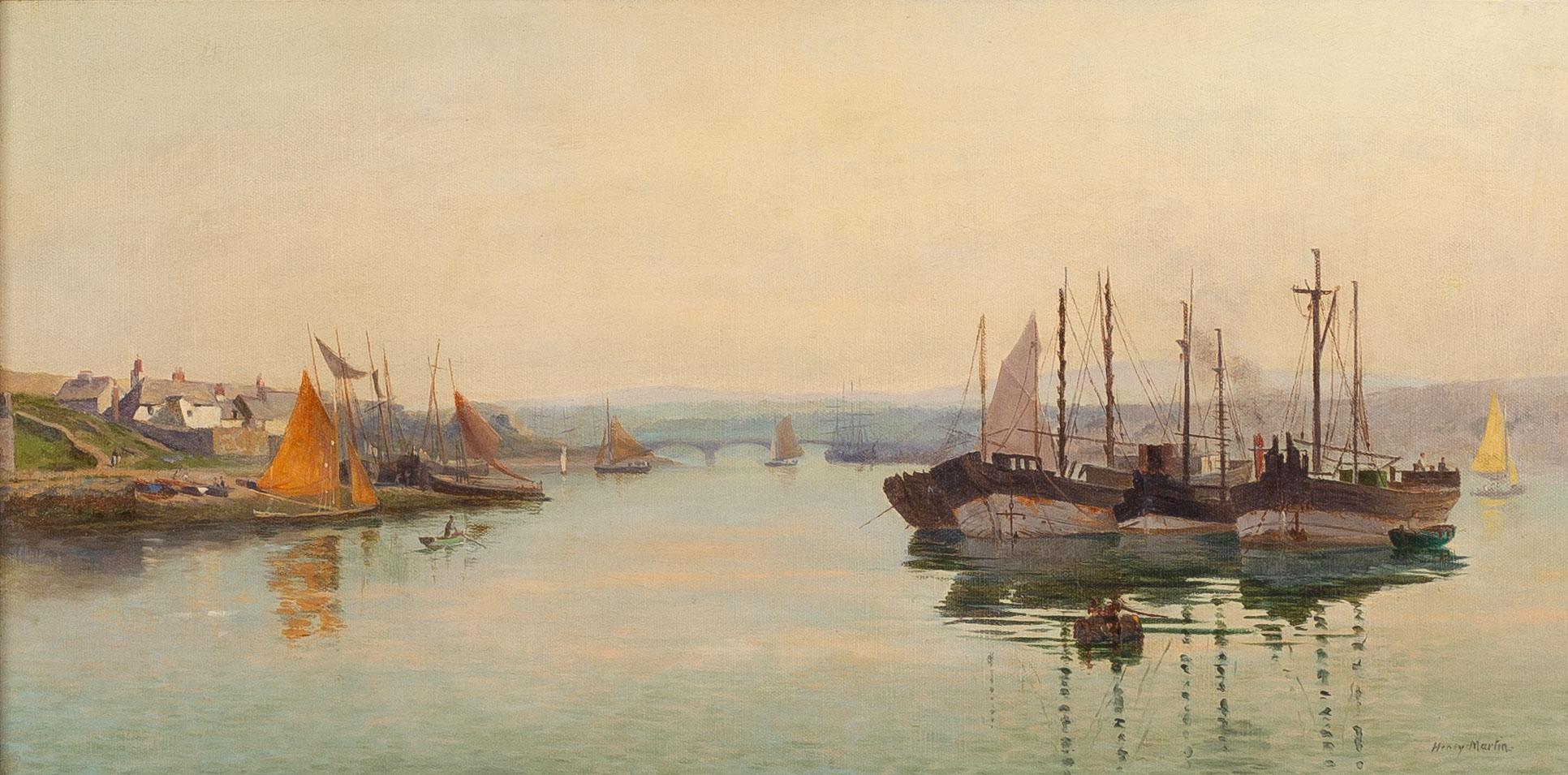 Henry Martin, River Landscape with Barges at Anchor.