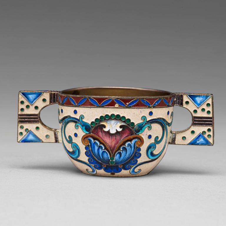 A Russian silver and enamel early 20th century cup, mark of Orest Kurljukow, Moscow 1908-17.