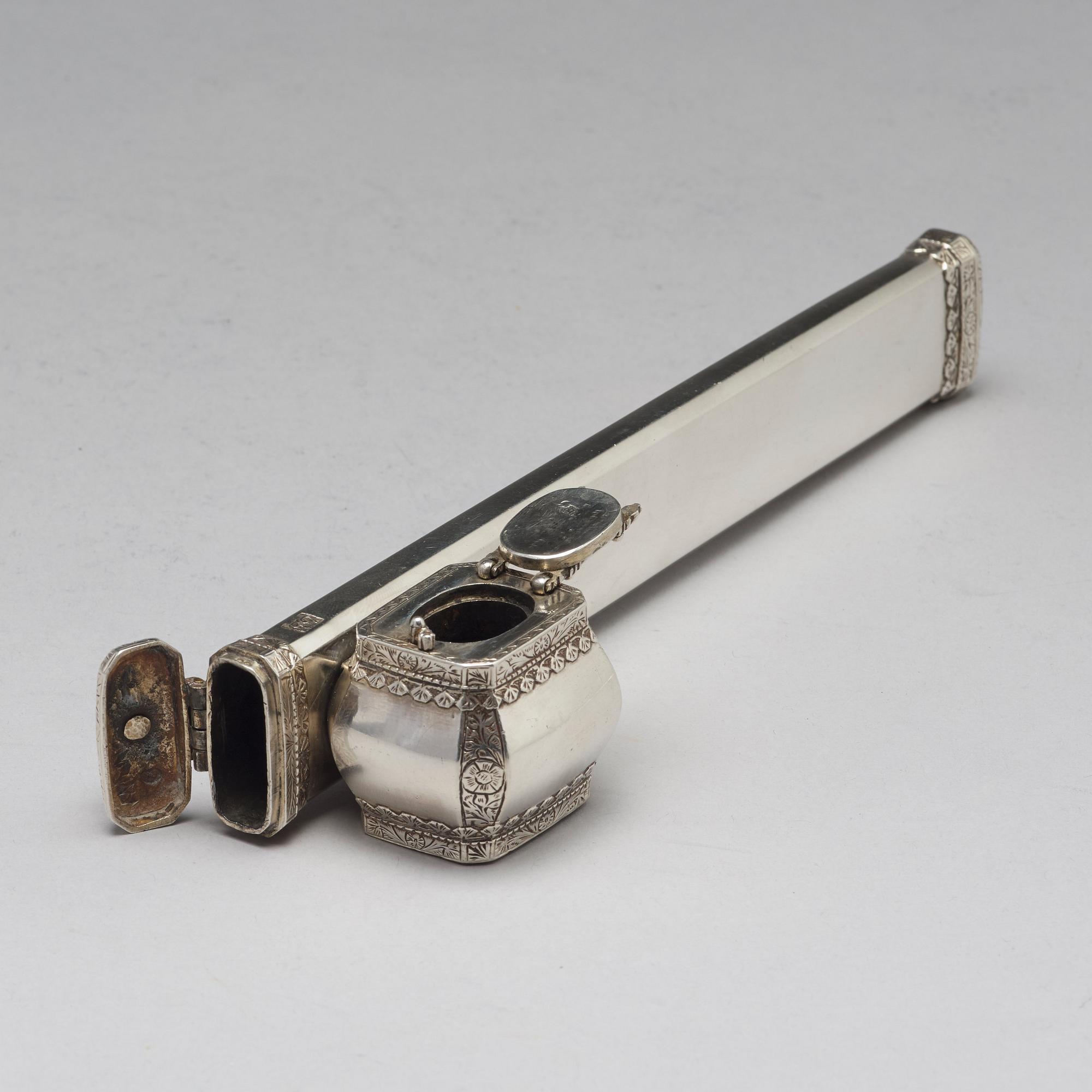 An early 20th century Ottoman silver scribe's pen-case / divit, makers mark Làtif, before 1909.
