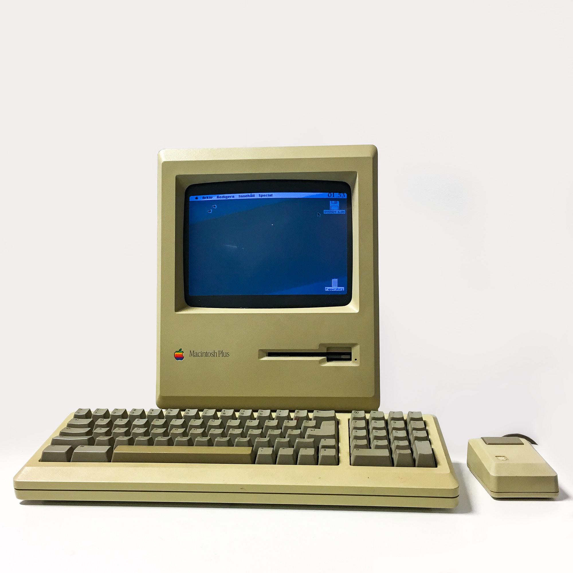 a Macintosh Plus 1Mb Apple computer from the late 1980s