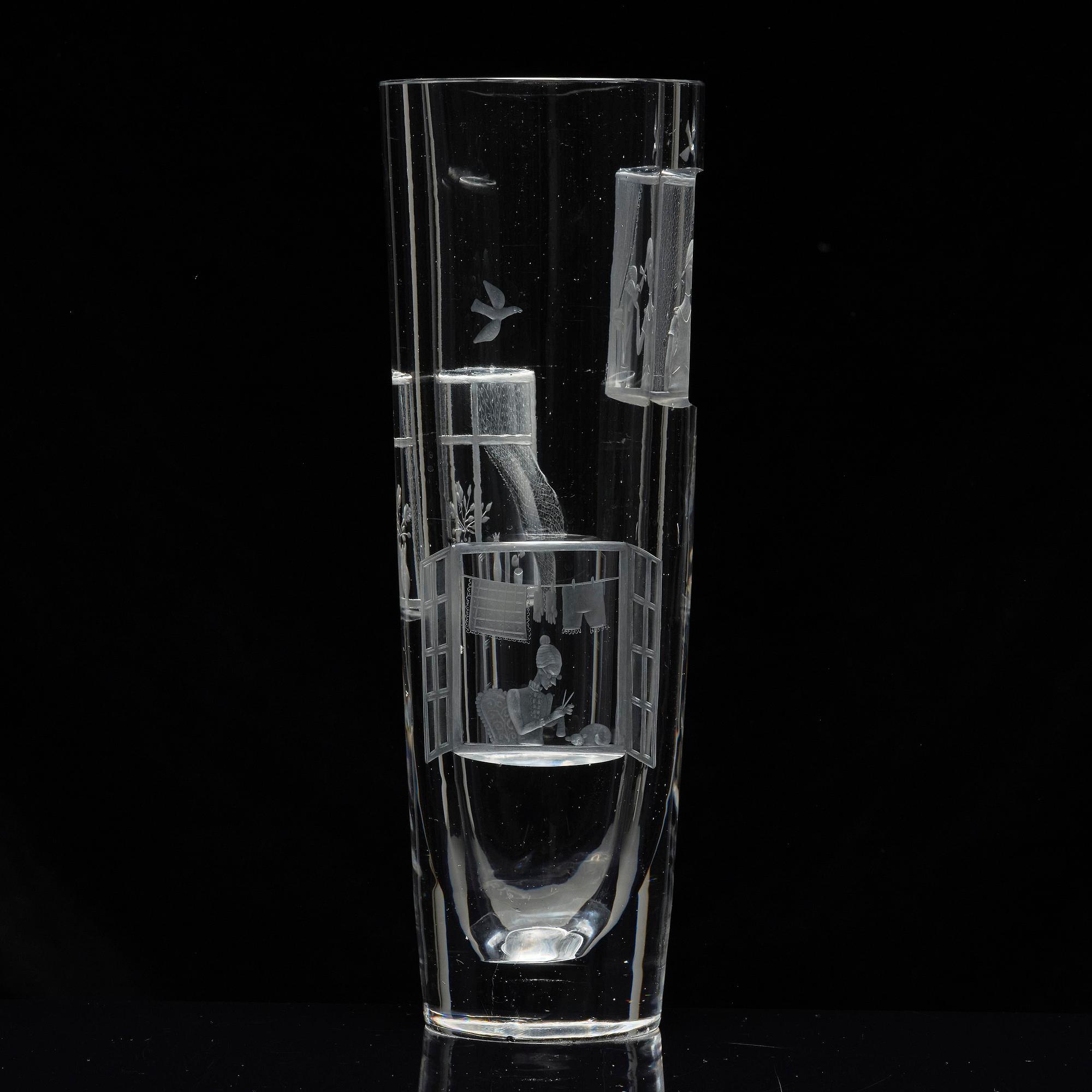 Tapio Wirkkala, a rare engraved "Finestra" glass vase, Iittala, Finland, 1947, model 3220, engraved by Theodor Käppi.